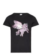 Lindex Top S S Unicorn Print And Sequ Svart