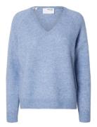 Selected Femme Slflulu New Ls Knit V-Neck B Noos Blå