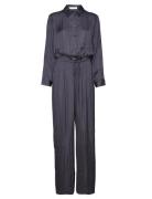 Mango Long Satin Shirt Jumpsuit Blå