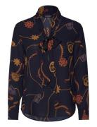 Lauren Ralph Lauren Belting-Print Georgette Tie-Neck Blouse Marinblå