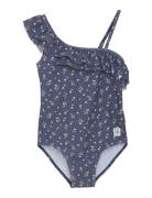 Color Kids Swimsuit 1 Shoulder Frill, Aop Marinblå