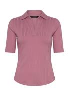 Lauren Ralph Lauren Rib-Knit Elbow-Sleeve Polo Tee Rosa