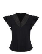 Lauren Ralph Lauren Lace-Trim Jersey Flutter-Sleeve Tee Svart
