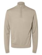 Selected Slhtray Ls Knit Merino Half Zip Noos Beige