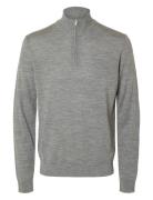 Selected Slhtray Ls Knit Merino Half Zip Noos Grå