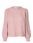 Selected Slflulu Ls Knit Rib O-Neck Noos Rosa