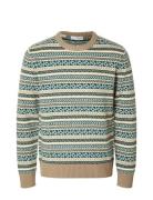 Selected Slhfade Ls Knit Fairisle Crew Neck Beige