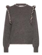 Selected Slfalva Frills Ls Knit O-Neck Grå