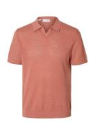 Selected Slhlino Ss Knit Crochet Open Polo Rosa