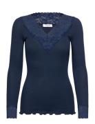 Rosemunde Rwbernadine Organic Ls V-Neck Lace Marinblå