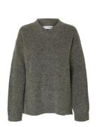 Selected Slfsia Ras Ls Knit Long V-Neck Noos Grå