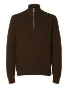 Selected Slhdane Ls Knit Structure Half Zip Noos Brun