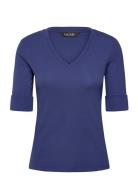 Lauren Ralph Lauren Stretch Cotton Elbow-Sleeve V-Neck Tee Marinblå