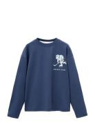 Mango Printed Cotton-Blend T-Shirt Marinblå