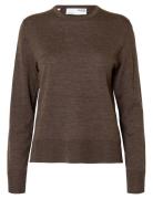 Selected Slfthea Ls Knit Merino O-Neck Noos Brun