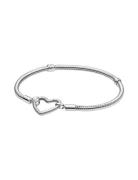 Pandora Snake Chain Sterling Silver Bracelet With Heart Clasp Silver