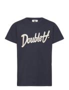 WOOD WOOD Ola Kids Script & Badge T-Shirt Marinblå