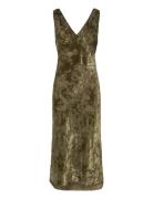 Mango Jacquard V-Neck Dress Khaki Green