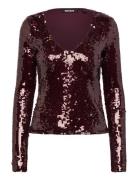ROTATE Birger Christensen Sequins V-Neck Top Burgundy